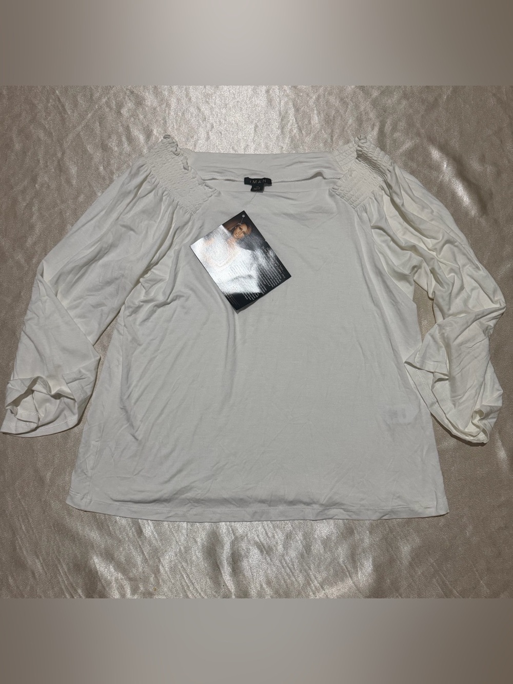 IMAN Global Chic White Square-Neck Blouse Smocked Shoulders & Bell Sleeves M NWT